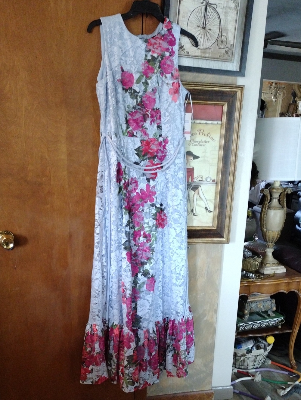 Maison Tara Sleeveless Lace Maxi Dress in Light Gray and Pink Floral